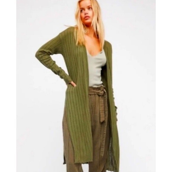 Free People Moss Green Ribby Rib Knit Linen Blend Cardigan Size M - Picture 1 of 13